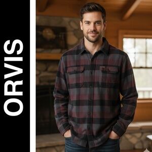 ORVIS Heavyweight 100% Cotton Grey/Burgundy Button Down Shirt Plaid EUC  XL